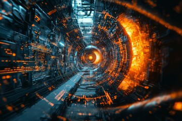 Fototapeta premium Futuristic Tunnel with Orange and Blue Glowing Lights