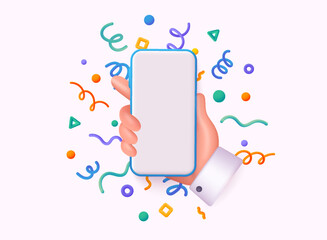 Hand holding mobile smart phone with celebratory confetti flying around. Winner concept. 3D Web Vector Illustrations.