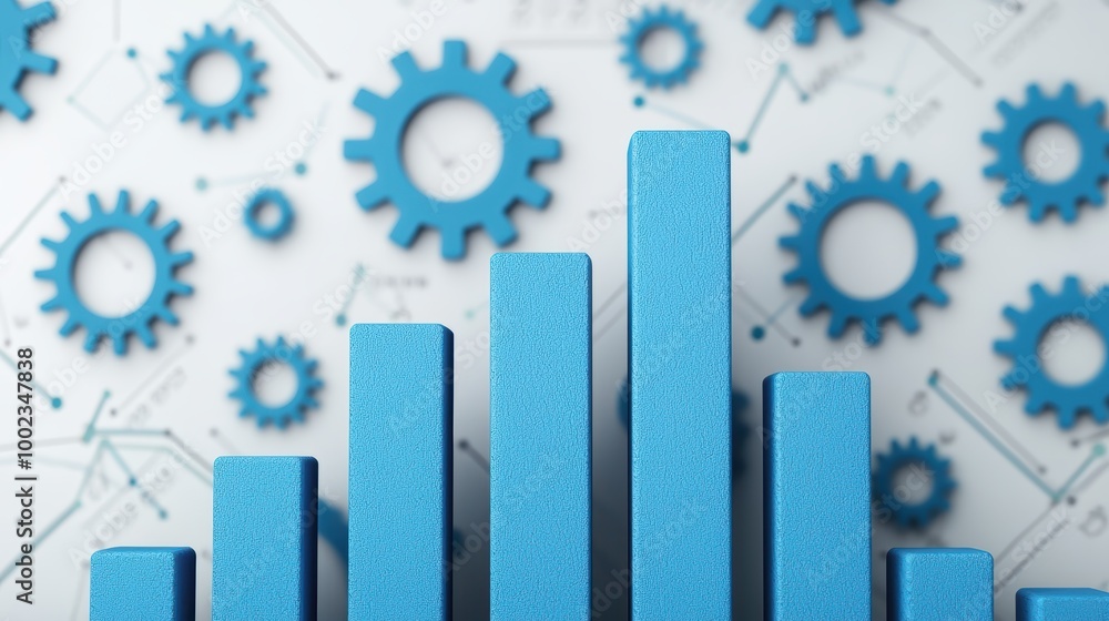Poster dynamic 3d bar chart showing upward growth trend in blue with floating gears background, concept of 