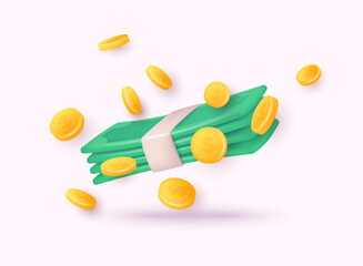 Cartoon green dollars and falling coins. Business and finance concept. 3d rendering vector illustration.