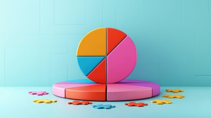 Fototapeta premium Vibrant 3D Pie Chart with Floating Puzzle Pieces Representing Teamwork and Collaboration for Business Success