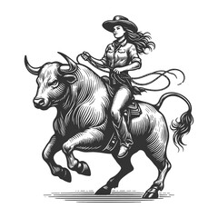 Pin-up woman bull cowgirl in full rodeo action, riding bull with a lasso sketch engraving generative ai fictional character raster illustration. Scratch board imitation. Black and white image.