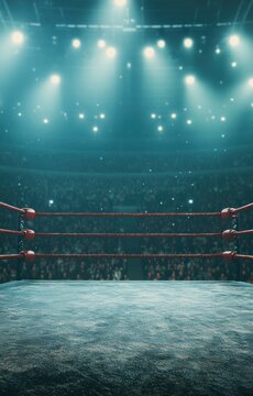 Empty boxing ring bathed in blue light, with a blurred crowd cheering in the background.