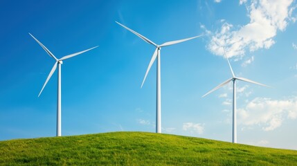 Fototapeta premium Eco-Friendly Energy: Futuristic 3D Wind Turbines on Green Hillside