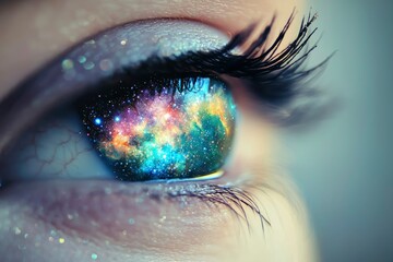 A Close-Up of an Eye Reflecting a Cosmic Nebula