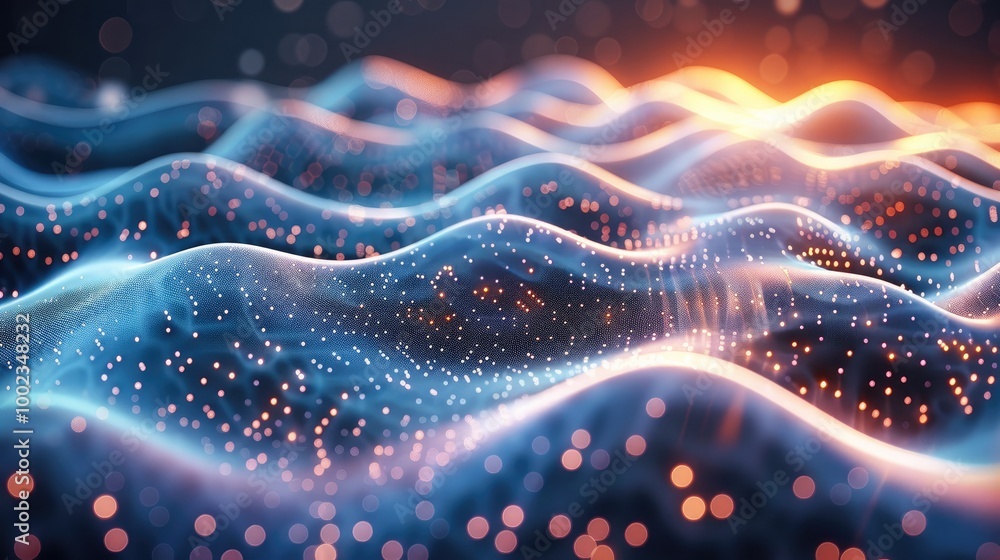 Poster undulating network waves on a tech background representing a futuristic concept.