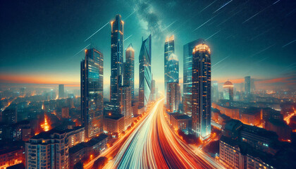 Fototapeta premium A futuristic cityscape with towering skyscrapers and dynamic light trails, set against a starry sky