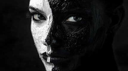 Half Black And Half White Face Sculpture With Closed Eyes, Representing The Balance Between Light And Dark In Art. Generative AI