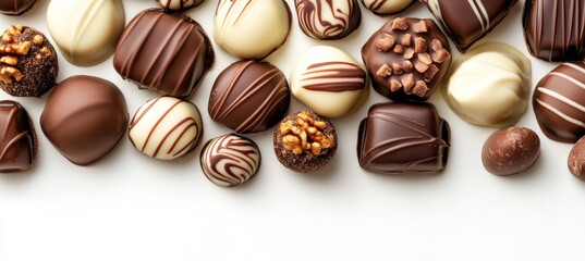 Assorted Delicious Chocolate Candies Collection Top View on White Backround, Sweet Food Frame
