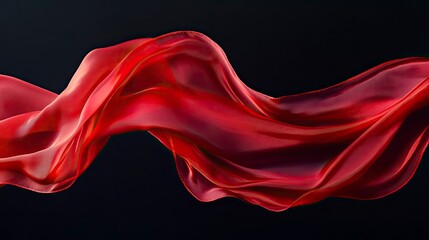 Fototapeta premium Red silk scarf flow in front of black background. Abstract fabric curve flying on dark backdrop. Elegant fashion and beauty magazine mockup design.with generative ai