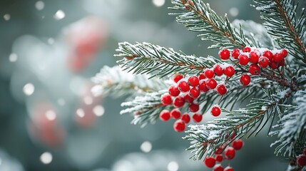   A pine tree in close-up, adorned with red berries dangling from its branches as snowflakes descend upon them