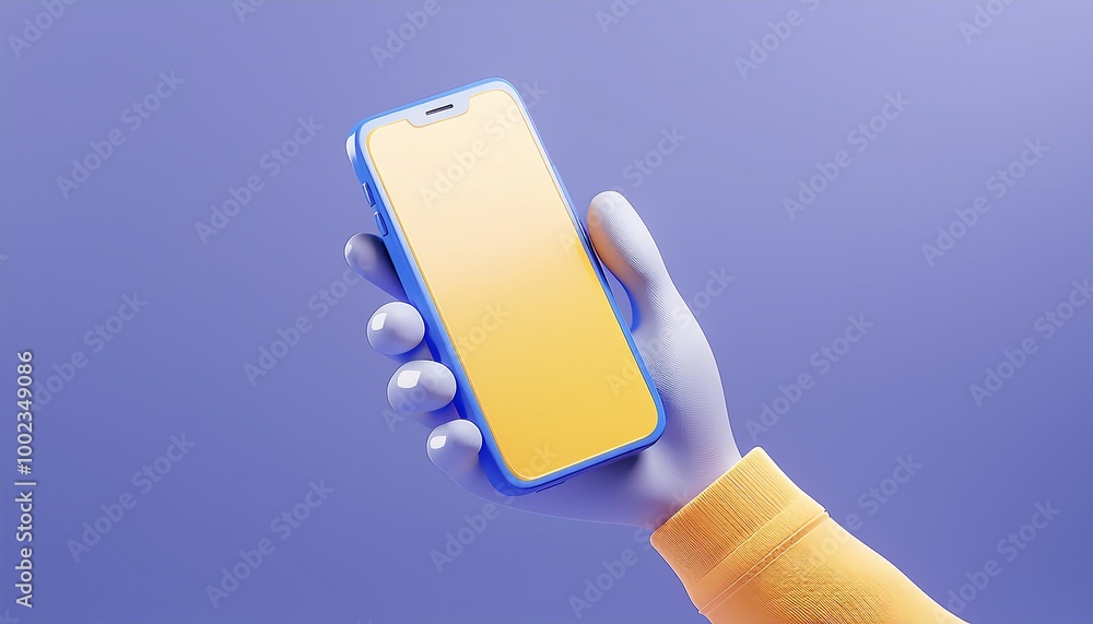 Poster a hand holds a smartphone against a gradient purple background, displaying a blank yellow screen, su