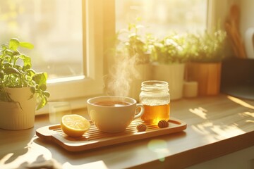 Fototapeta premium cup of tea and lemon beside a window sill, symbolize healthy lifestyle