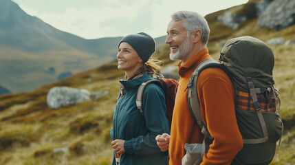 Loving mid aged couple with a backapacks hiking on the hills together
