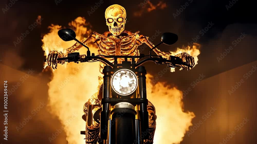 Poster A skeleton is riding a motorcycle with flames coming out of the front. The image has a spooky and intense mood, with the skeleton appearing to be in control of the flames