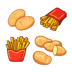 set of hand drawn potato in sketch style. Potato and french fries in a paper pack in doodle style. 