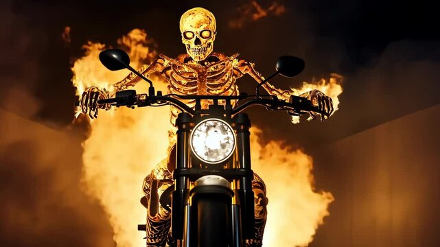 A skeleton is riding a motorcycle with flames coming out of the front. The image has a spooky and intense mood, with the skeleton appearing to be in control of the flames