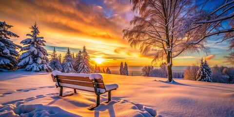 In a peaceful northern setting, a wooden bench lies draped in fresh snow, surrounded by a serene winter