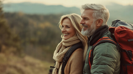 Loving mid aged couple with a backapacks hiking on the hills together
