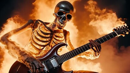 A skeleton is playing a guitar in a fiery scene. Scene is intense and dramatic, with the fire adding to the sense of danger and excitement