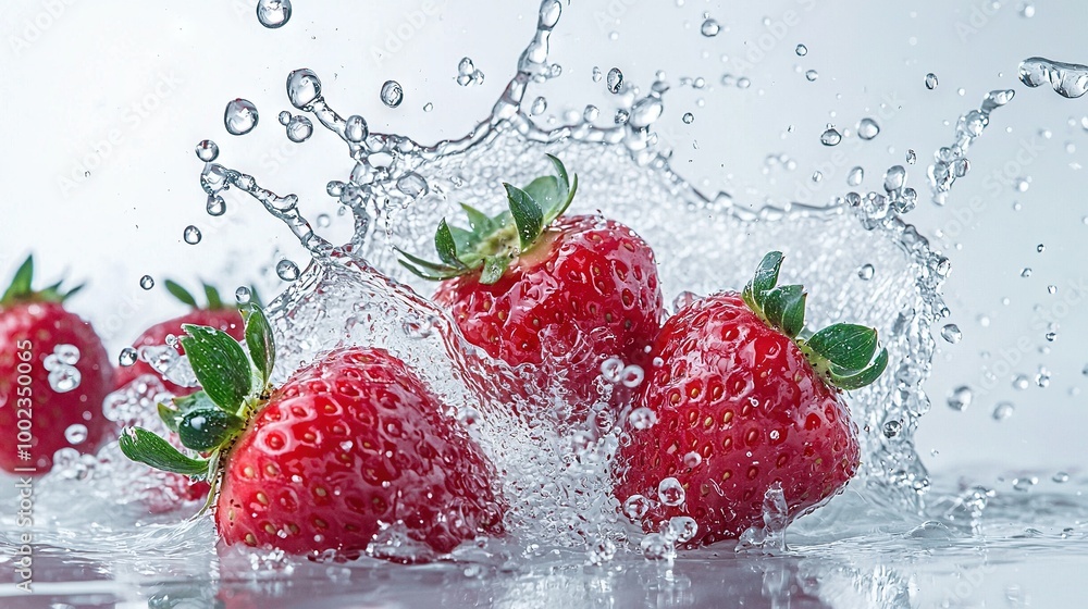 Poster a cluster of strawberries dunking into the water with a splash on top of them