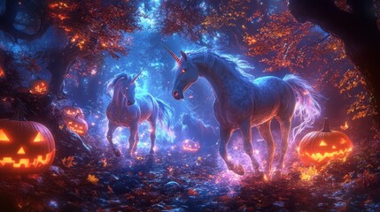 Magical Unicorns in Enchanted Forest with Jack o  Lanterns for Halloween