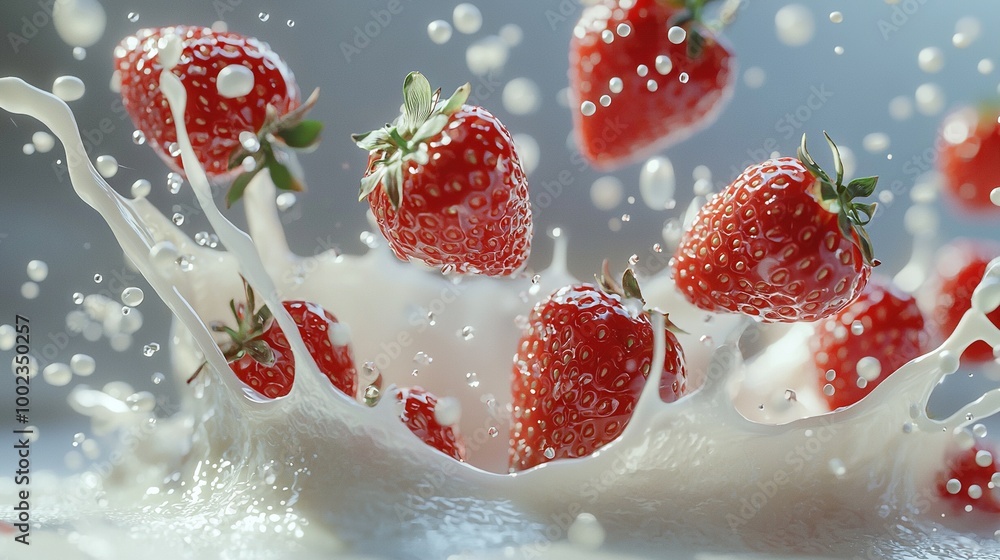 Aufkleber a cluster of strawberries dousing into a container of milk with milk spilling from the tip of the be