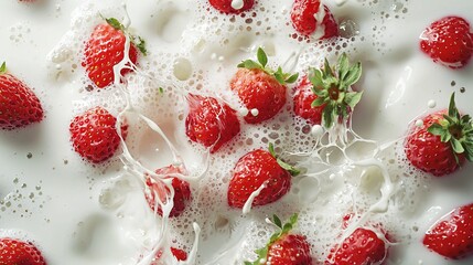   A strawberry cluster resting atop a white table with milk spills & sprinkles