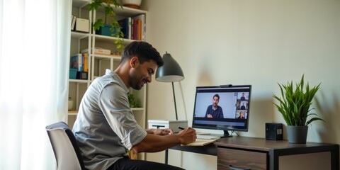 Indian Businessman Taking Notes During a Video Call Meeting from Home Office