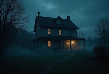 Spooky haunted house at night, glowing windows and mist rising from the ground