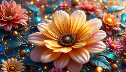 Fototapeta premium A flowery background with a yellow flower in the center
