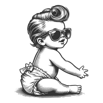 recommend clip art: baby in sunglasses and pompadour hairstyle, playful and retro cool vibe with a rockabilly style sketch engraving generative ai raster illustration. Scratch board imitation. Black and white image.
