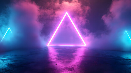 Neon Triangle Abstract Background with Smoke and Reflections