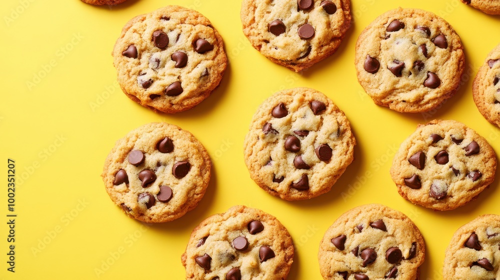 Wall mural delicious chocolate chip cookies on vibrant background