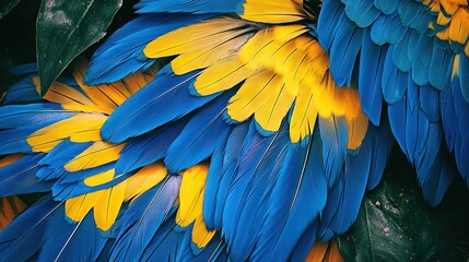 Obraz premium A close-up photo of a blue and yellow bird's feathers against a green leaf in the background