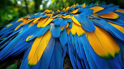 Obraz premium Blue and yellow bird feathers close-up amidst green leaves
