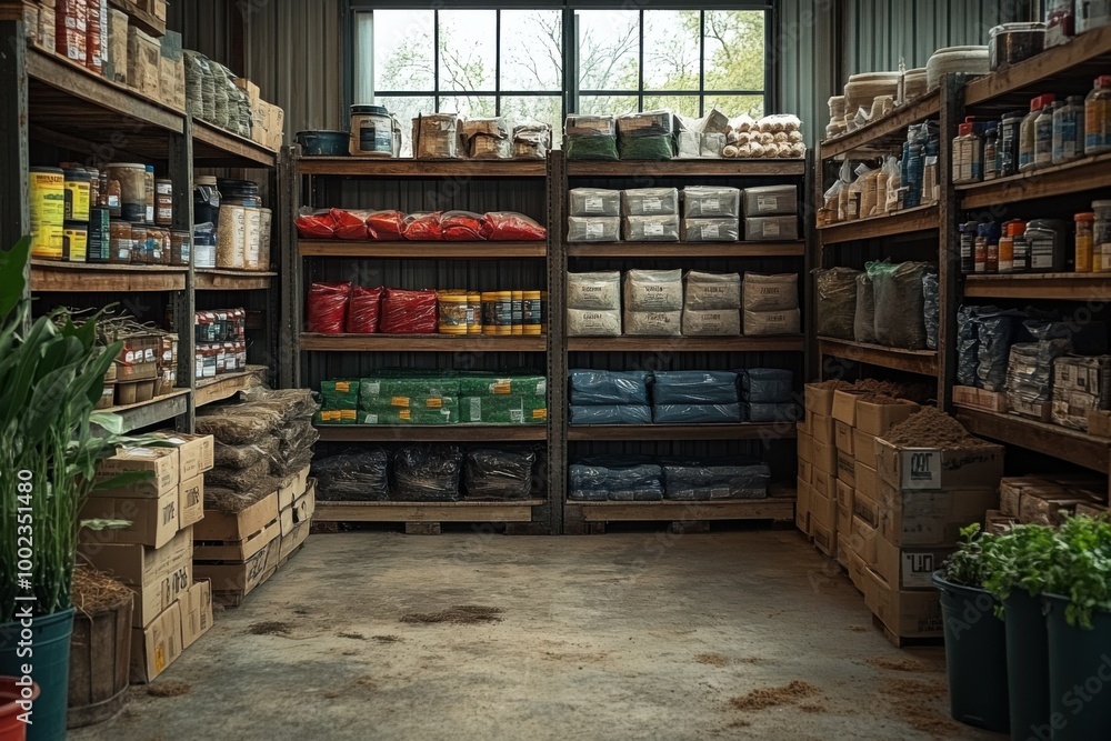 Wall mural organized garden supply store with shelves of fertilizers and seeds