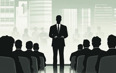 A silhouette of a speaker addressing an audience in a corporate setting, emphasizing communication and leadership.
