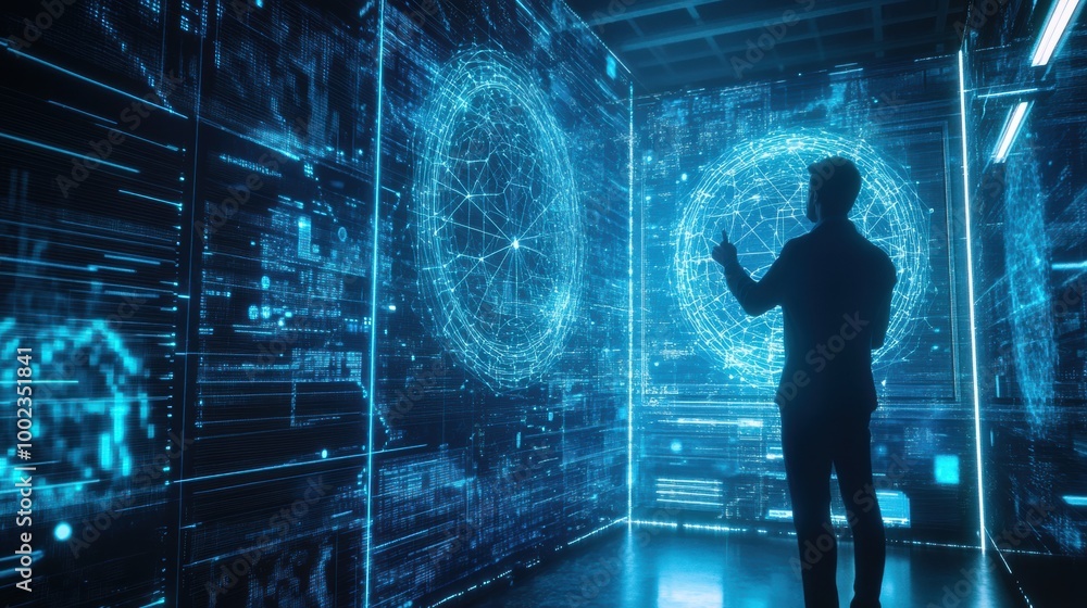 Poster a professional explores floating holographic data and neural networks in a futuristic tech environme