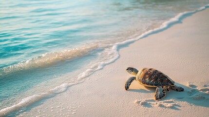 Obraz premium A turtle lying on sandy shore, facing ocean backdrop
