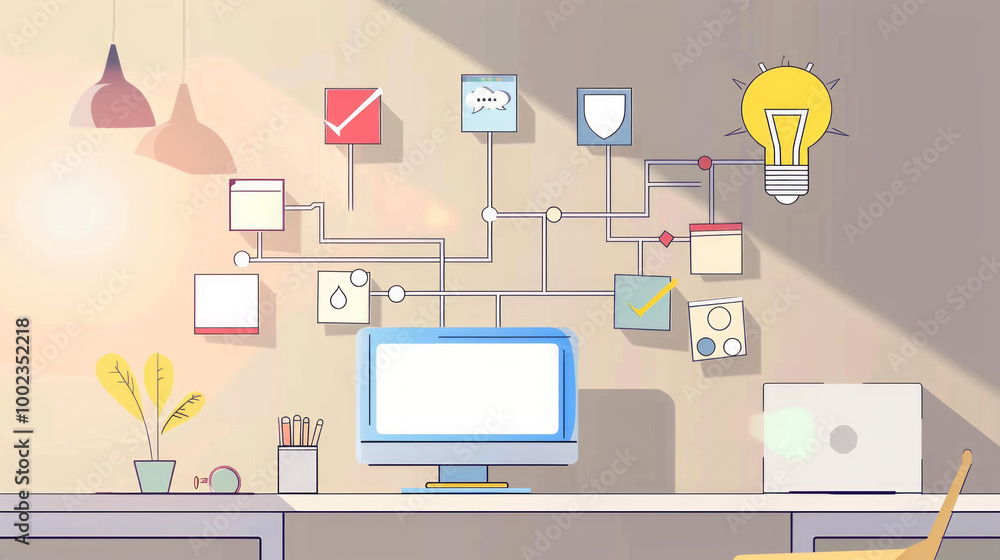 Poster creative workspace featuring visual flowcharts for brainstorming and idea generation in a bright, or
