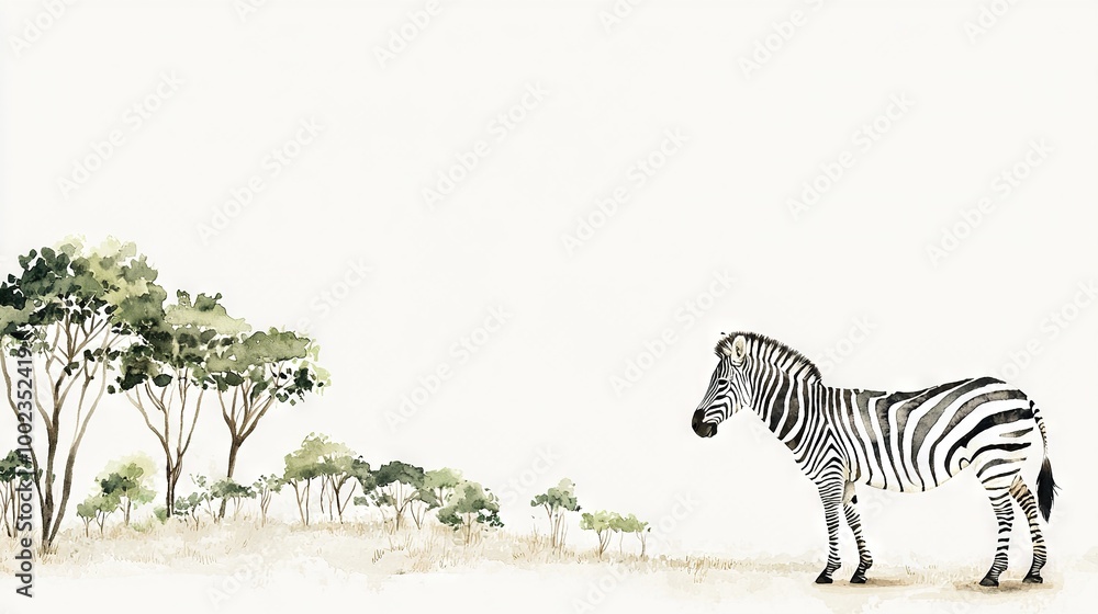 Poster zebra in field with trees and white sky