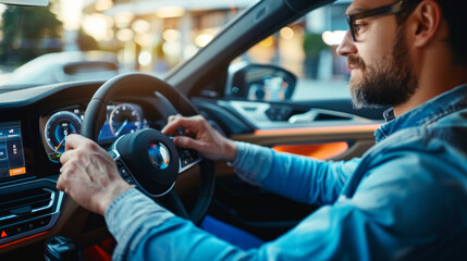 A man interacts with a touchscreen display while driving a modern car on a sunny day in an urban environment