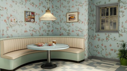 A charming retro breakfast nook with a built-in booth