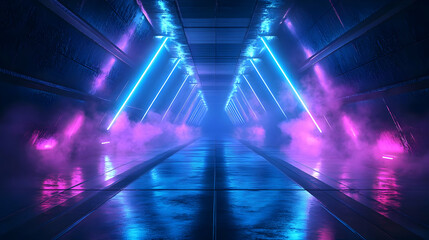 Neon Lights and Smoke in Futuristic Corridor 3D Illustration