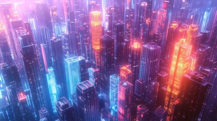 Fototapeta premium Holographic City. 3D Rendering of a Futuristic Metropolis with Holographic Projections