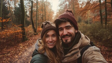 Fototapeta premium A happy sweet romantic traveler couple travel on their honeymoon together in natural autumn forest.