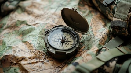 A military-style compass rests on a detailed topographic map, symbolizing navigation and exploration in outdoor environments.
