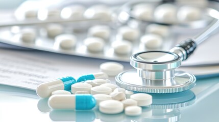 Stethoscope, thermometer, syringe, pills, and medical documents arranged on a table in a creative layout, healthcare concept. No people, no logo.