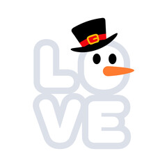 Logo snowman. Palabra Love con muñeco de nieve con sombrero y nariz de zanahoria en lugar de letra O para tarjetas y felicitaciones de Navidad